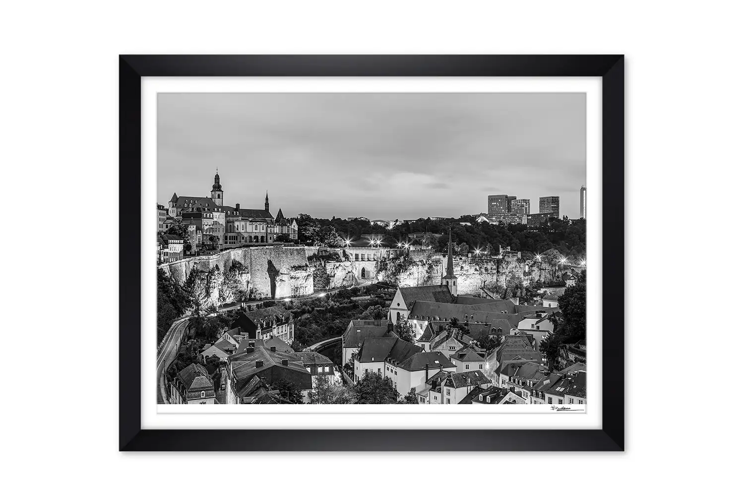 Luxembourg city night cityscape black and white framed print