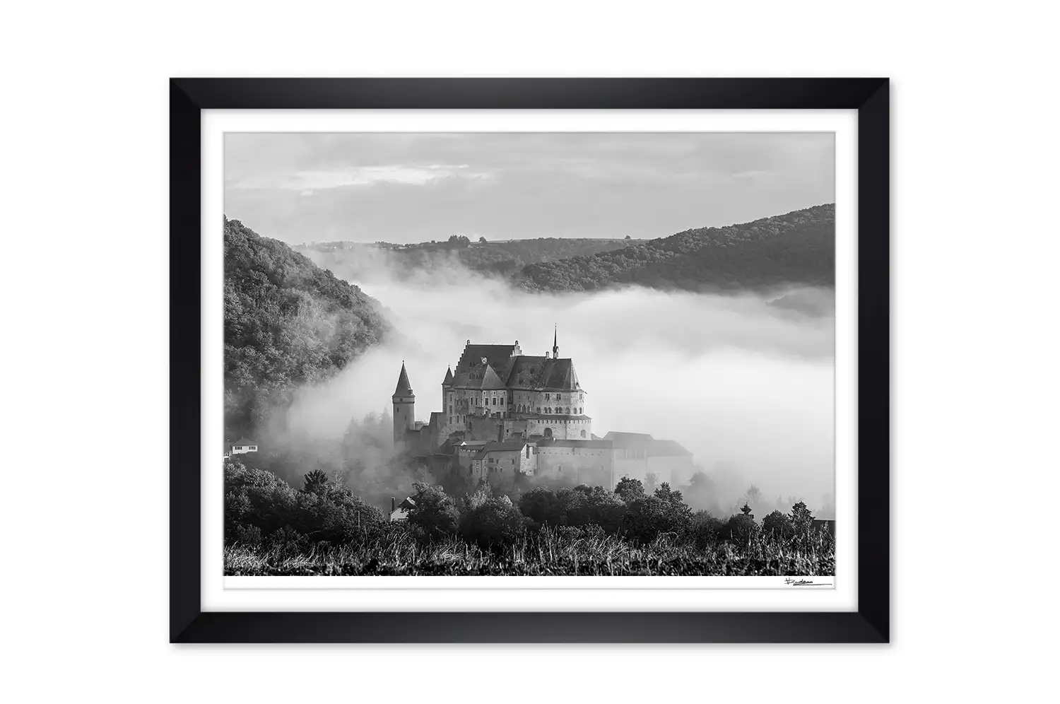 Vianden Castle Luxembourg in fog black and white framed print