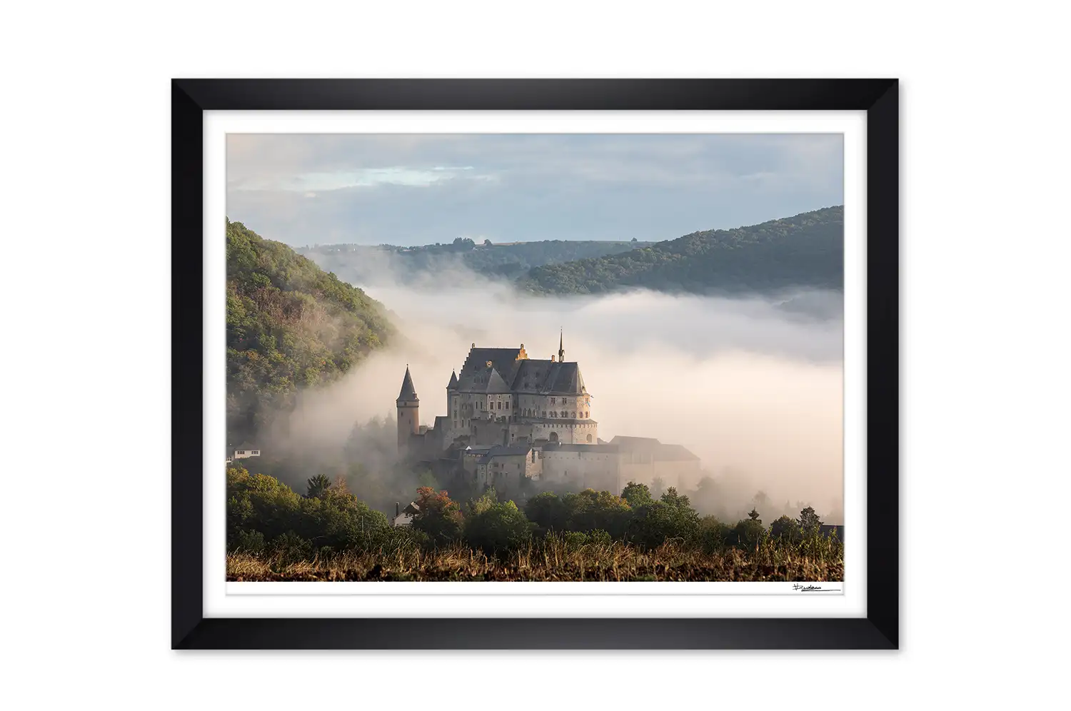 Vianden Castle Luxembourg in fog framed print