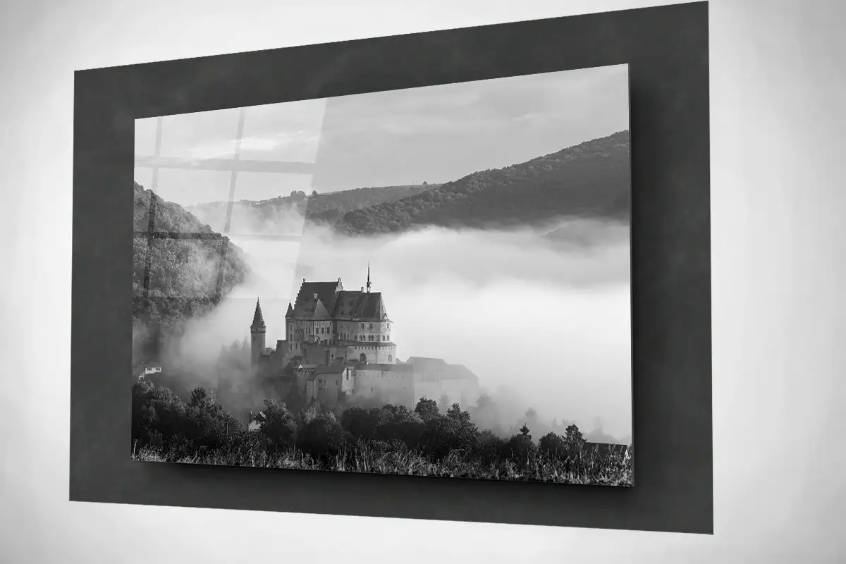 Vianden Castle Luxembourg in fog black and white floating acrylic