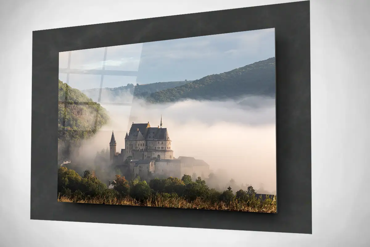 Vianden Castle Luxembourg in fog floating acrylic