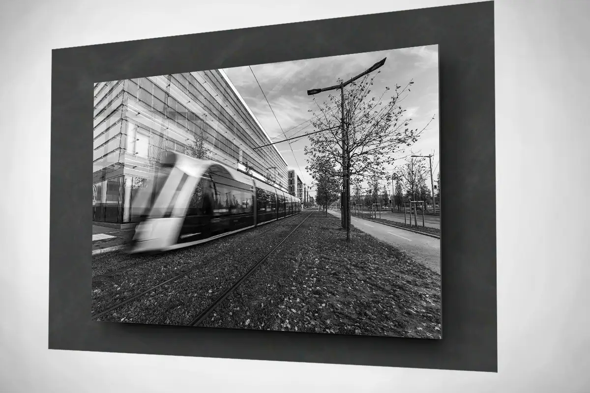 Tram Kirchberg business Luxembourg floating acrylic black and white