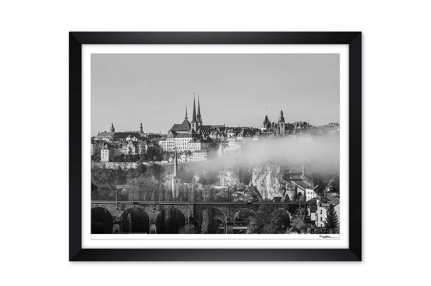 Luxembourg skyline cityscape in autumn foggy morning black and white