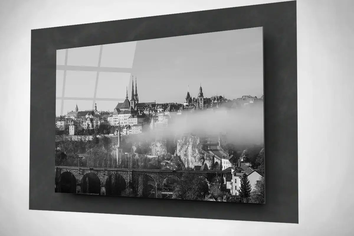 Luxembourg skyline cityscape in autumn foggy morning floating black and white acrylic
