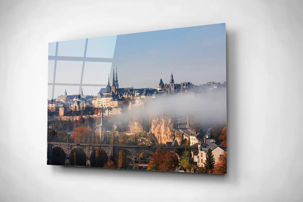 Luxembourg skyline cityscape in autumn foggy morning gallery print