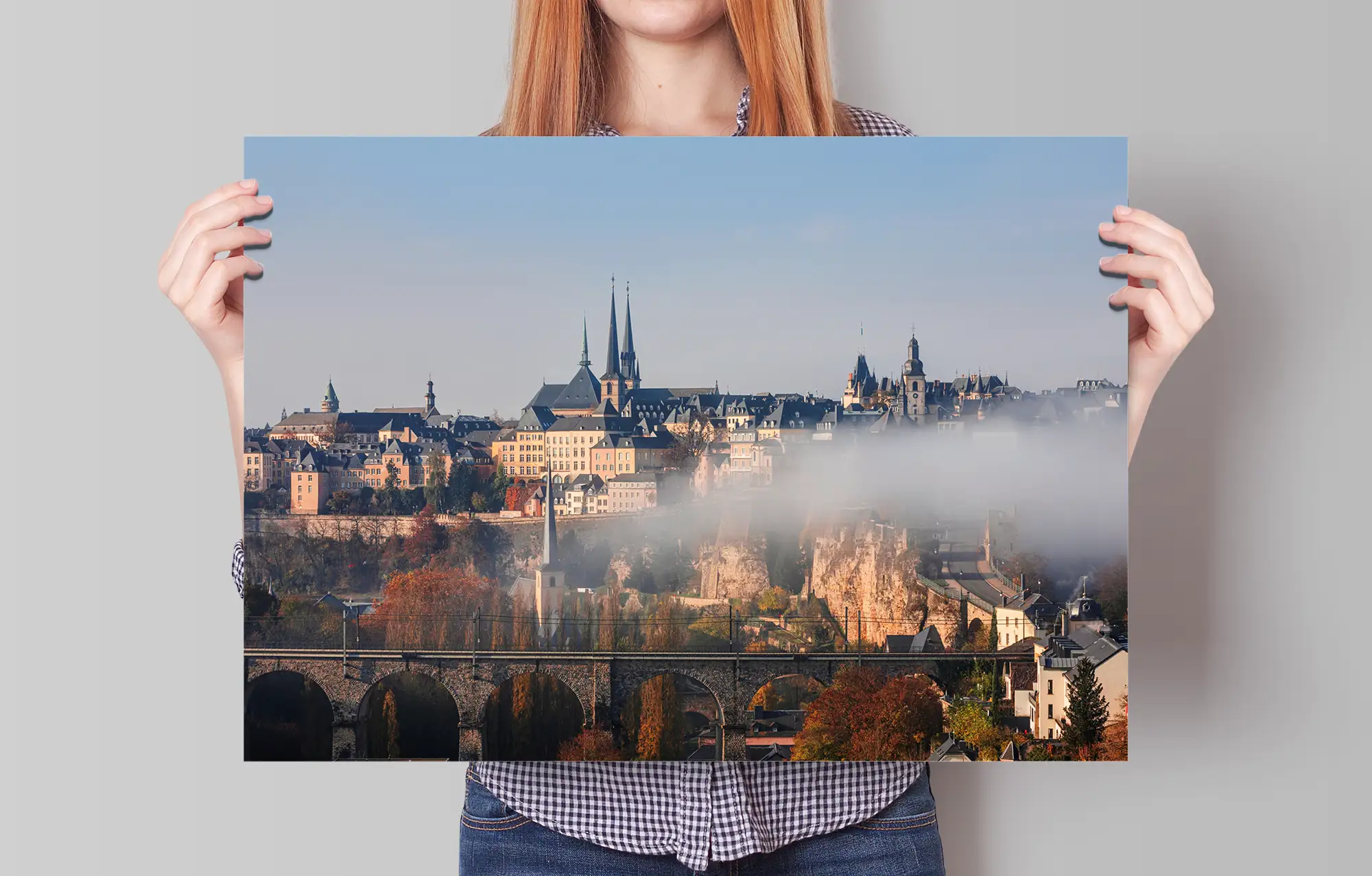 Luxembourg skyline cityscape in autumn foggy morning poster