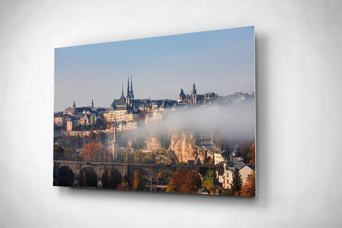 Luxembourg skyline cityscape in autumn foggy morning rigid poster