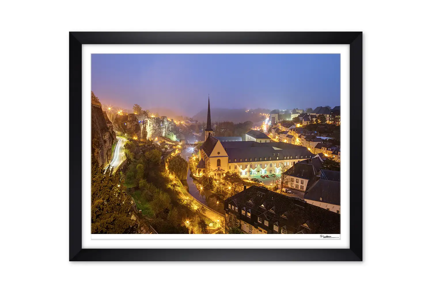 Luxembourg city night in Grund print