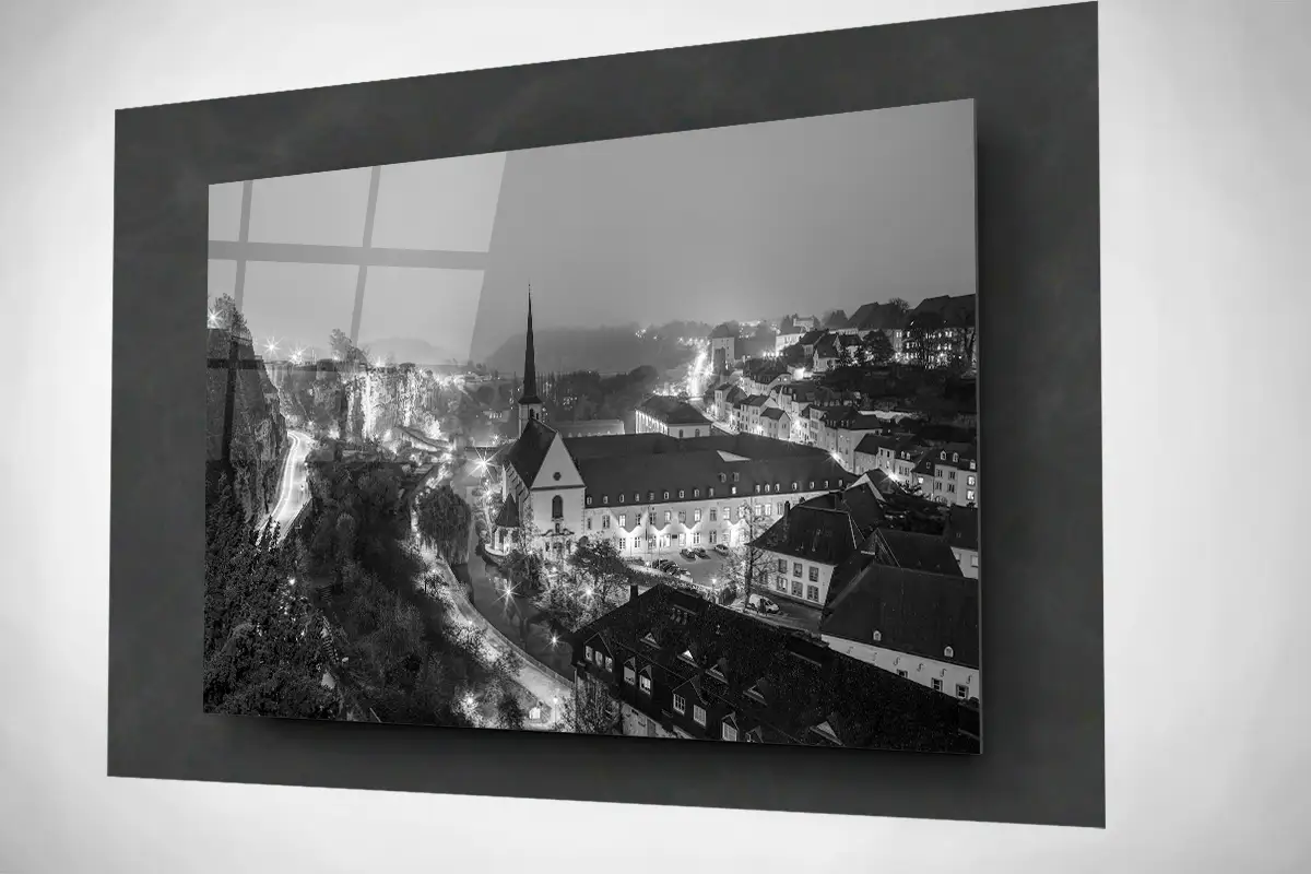 Luxembourg city night in Grund floating acrylic black and white