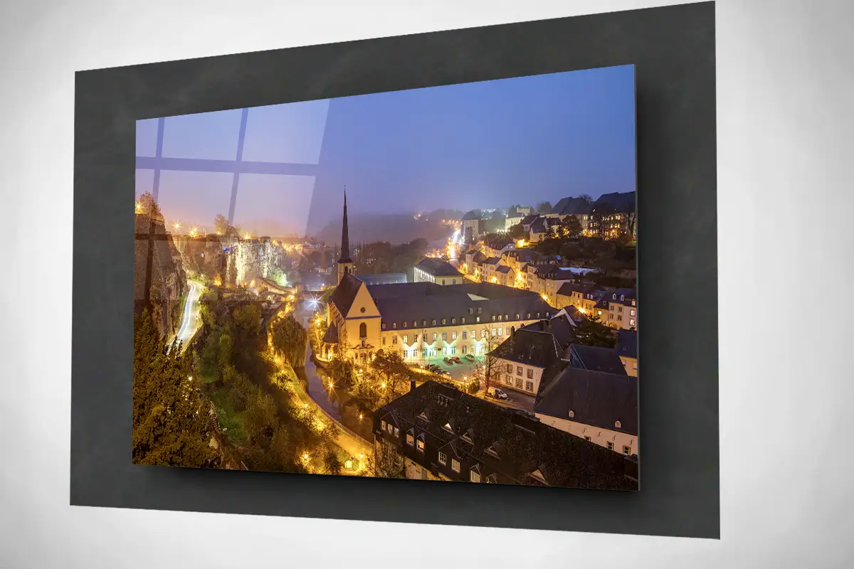 Luxembourg city night in Grund floating acrylic