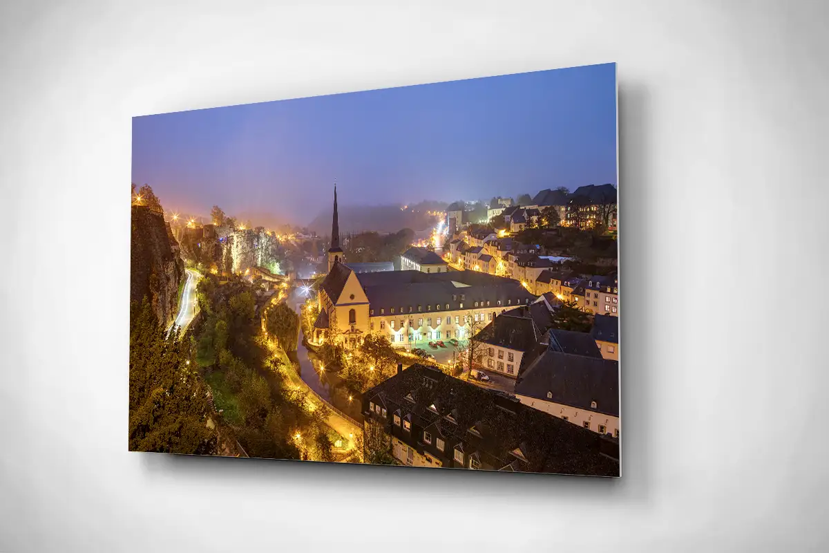 Luxembourg city night in Grund rigid poster