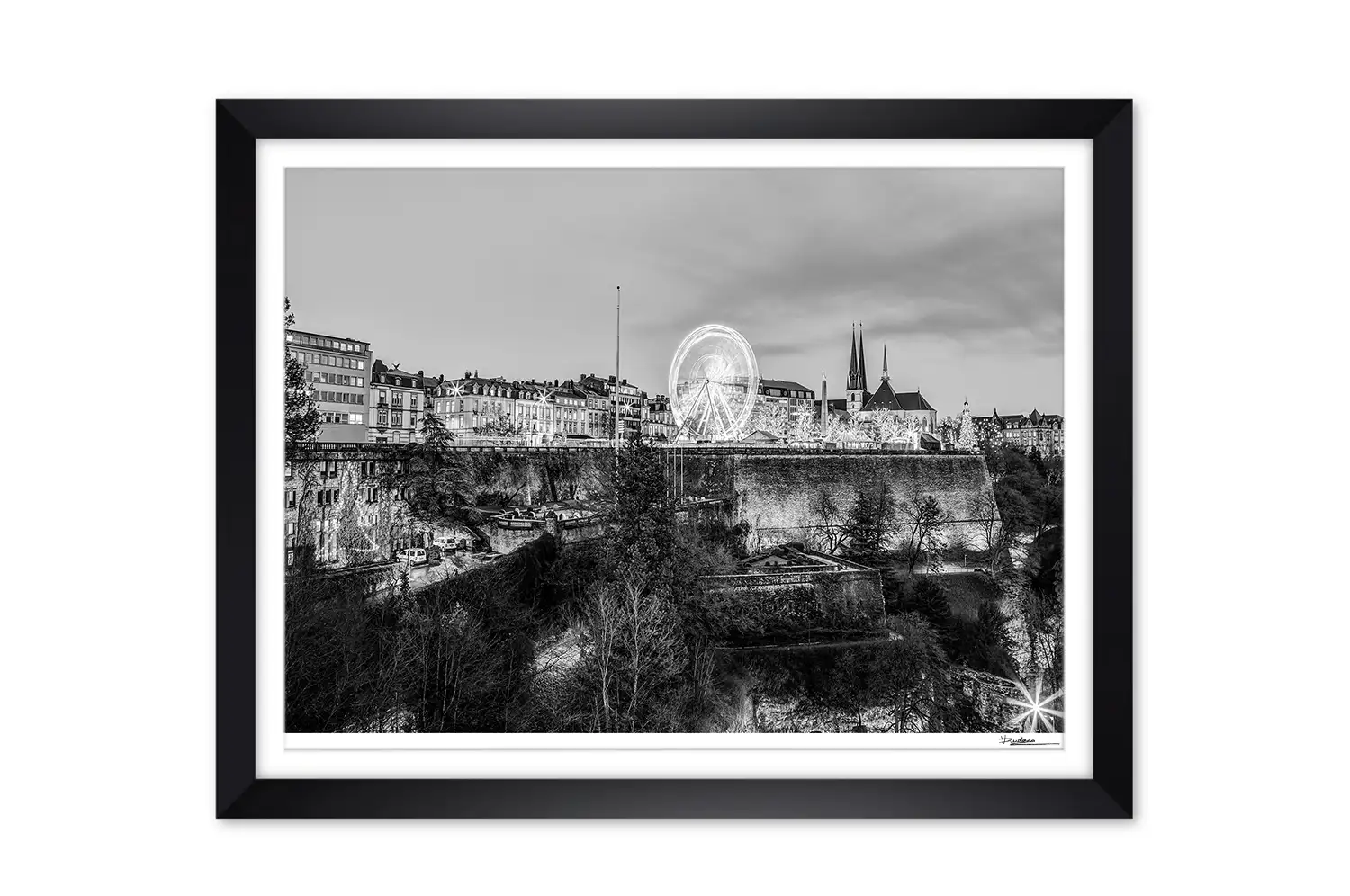 Luxembourg Christmas Market black and white framed print