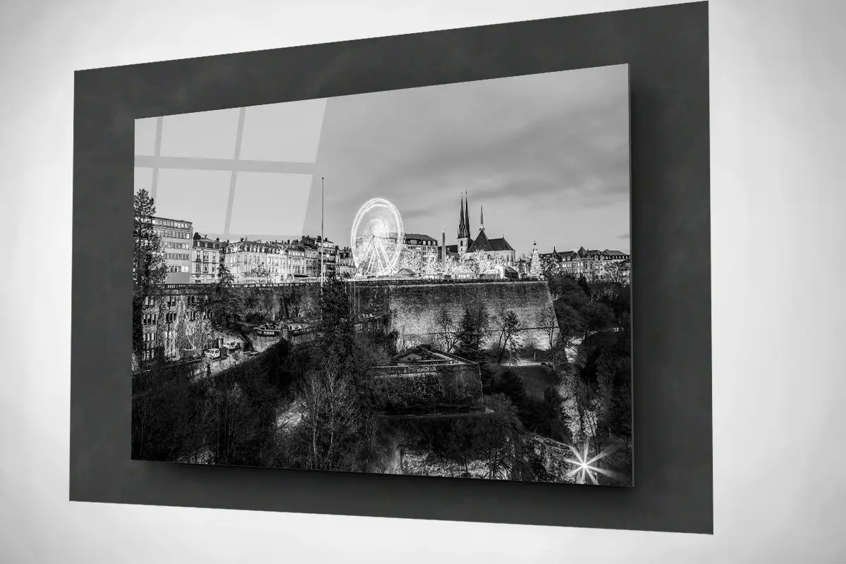 Luxembourg Christmas Market black and white floating acrylic