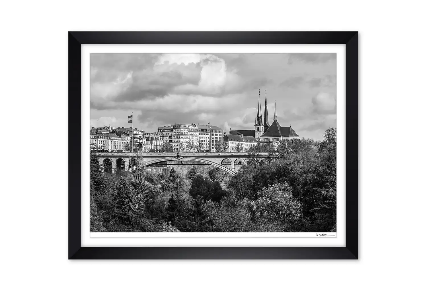 Petrusse in Luxembourg city with landmarks in autumn black and white print