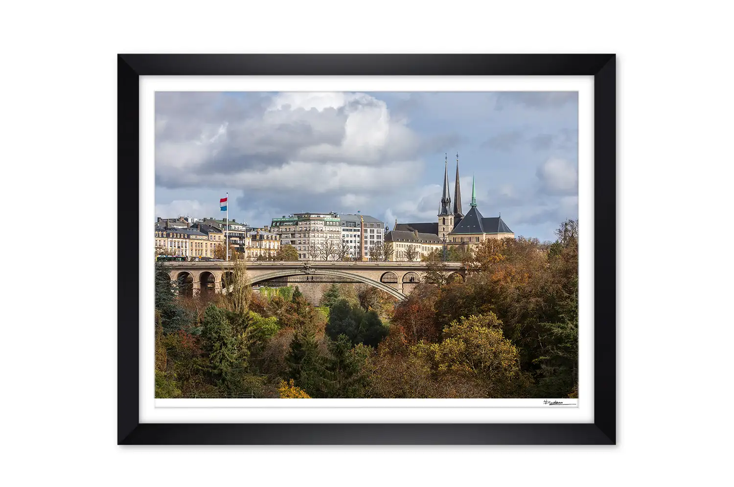 Petrusse in Luxembourg city with landmarks in autumn print