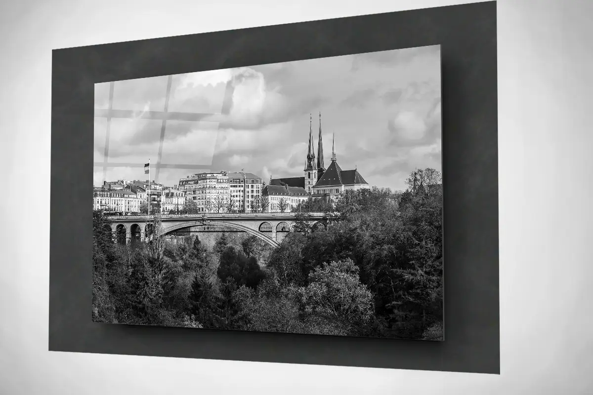 Petrusse in Luxembourg city with landmarks in autumn black and white floating acrylic