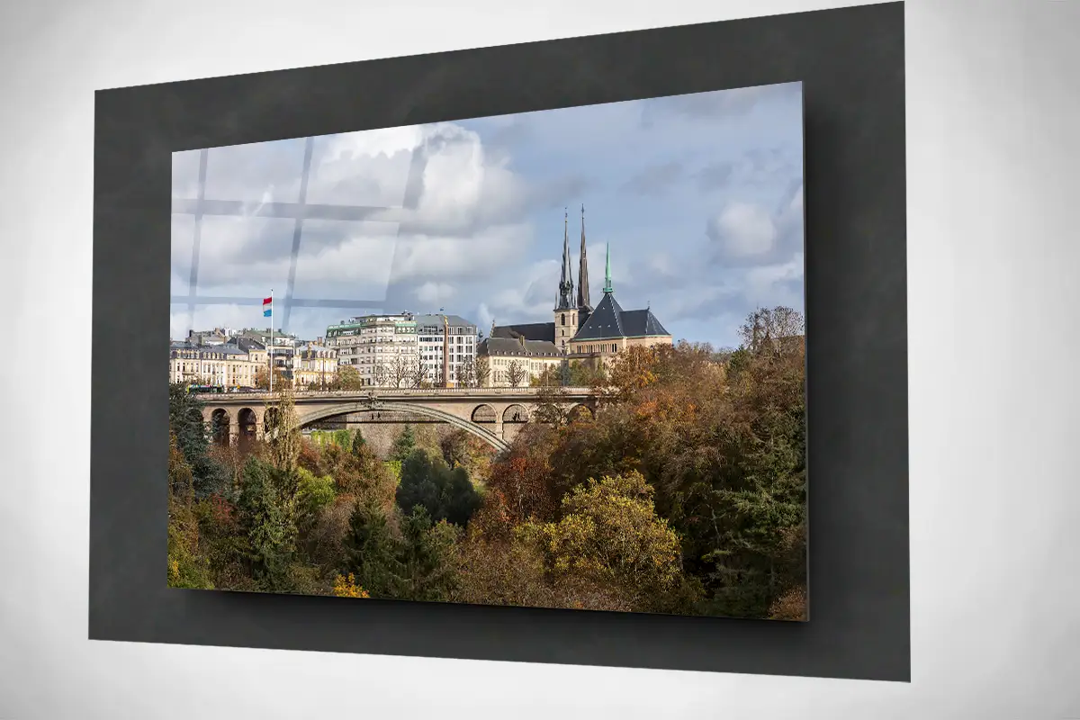 Petrusse in Luxembourg city with landmarks in autumn floating acrylic