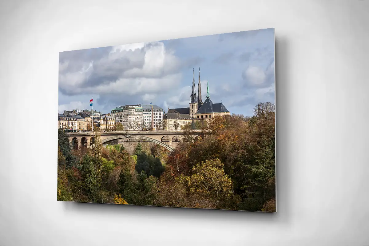 Petrusse in Luxembourg city with landmarks in autumn rigid poster