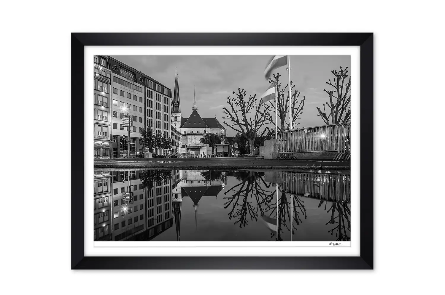 Notre Dame in Luxembourg city at night black and white print