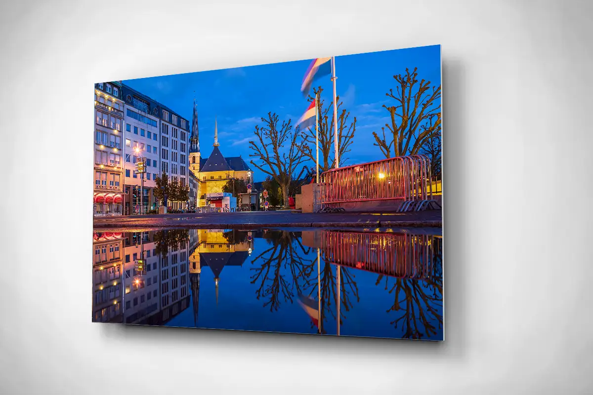 Notre Dame in Luxembourg city at night rigid poster