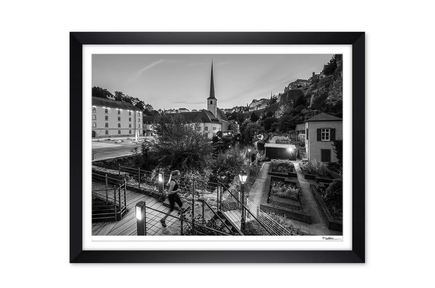 Grund in Luxembourg city at night black and white