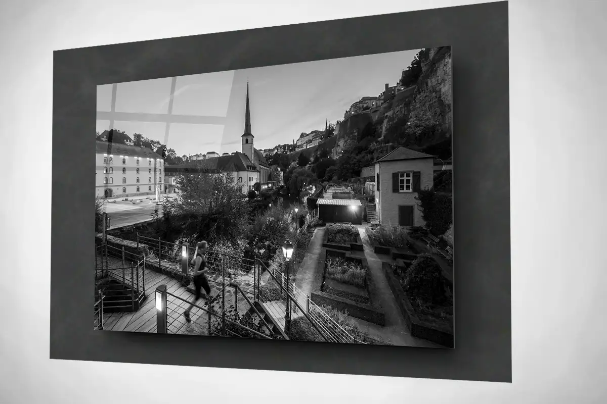 Grund in Luxembourg city at night bw floating acrylic