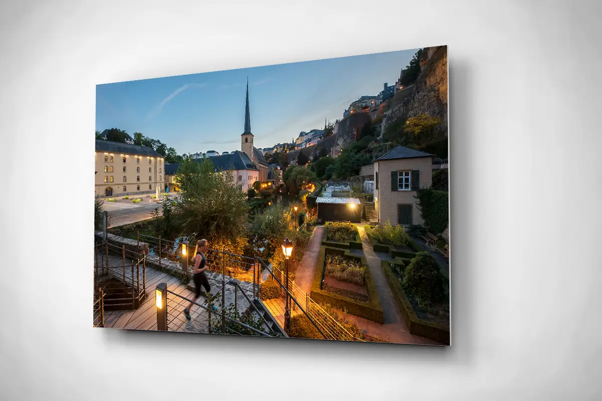 Grund in Luxembourg city at night rigid poster