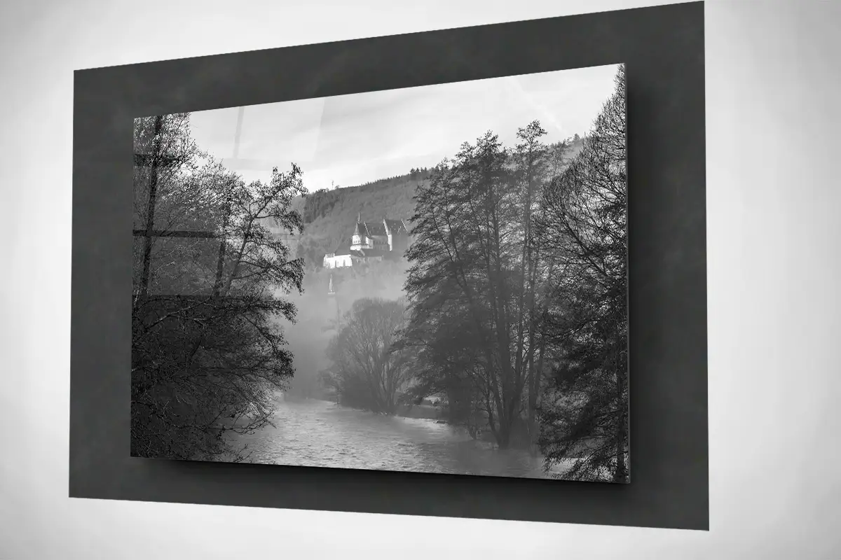 Vianden foggy river Our black and white floating acrylic