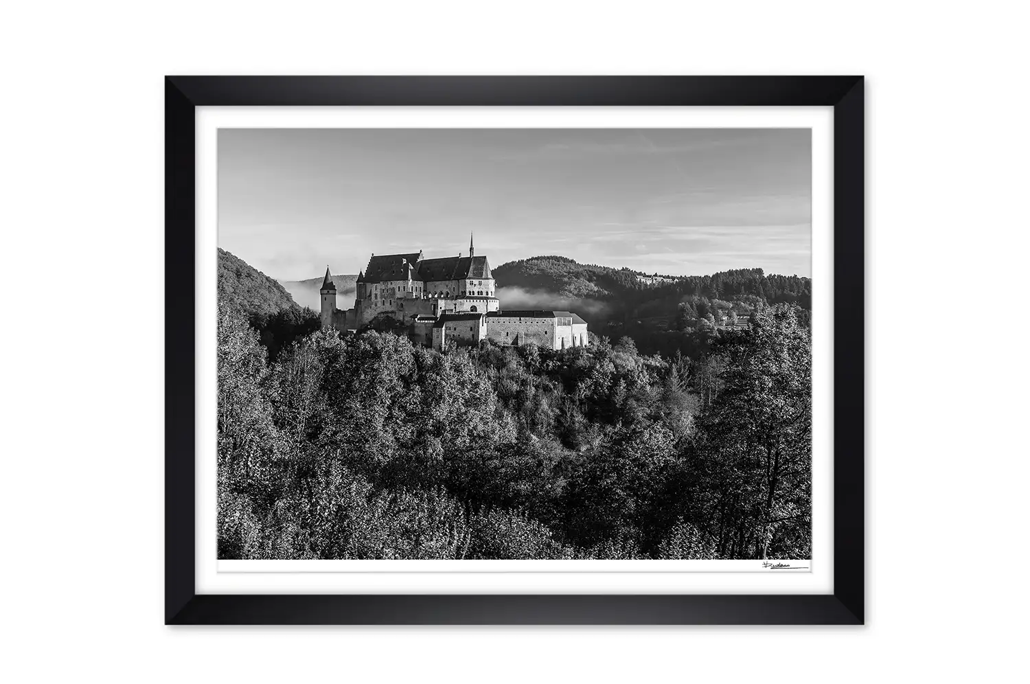 Vianden castle in autumn black and white print