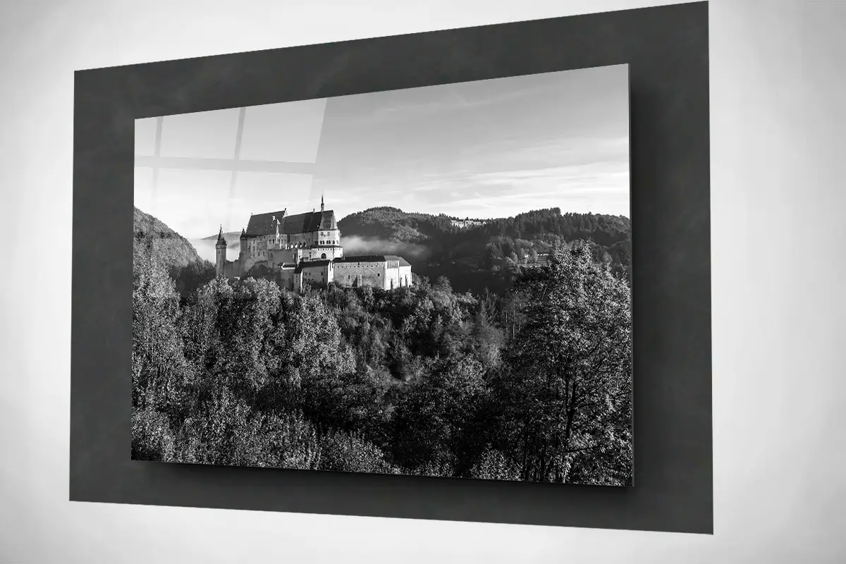Vianden castle in autumn black and white