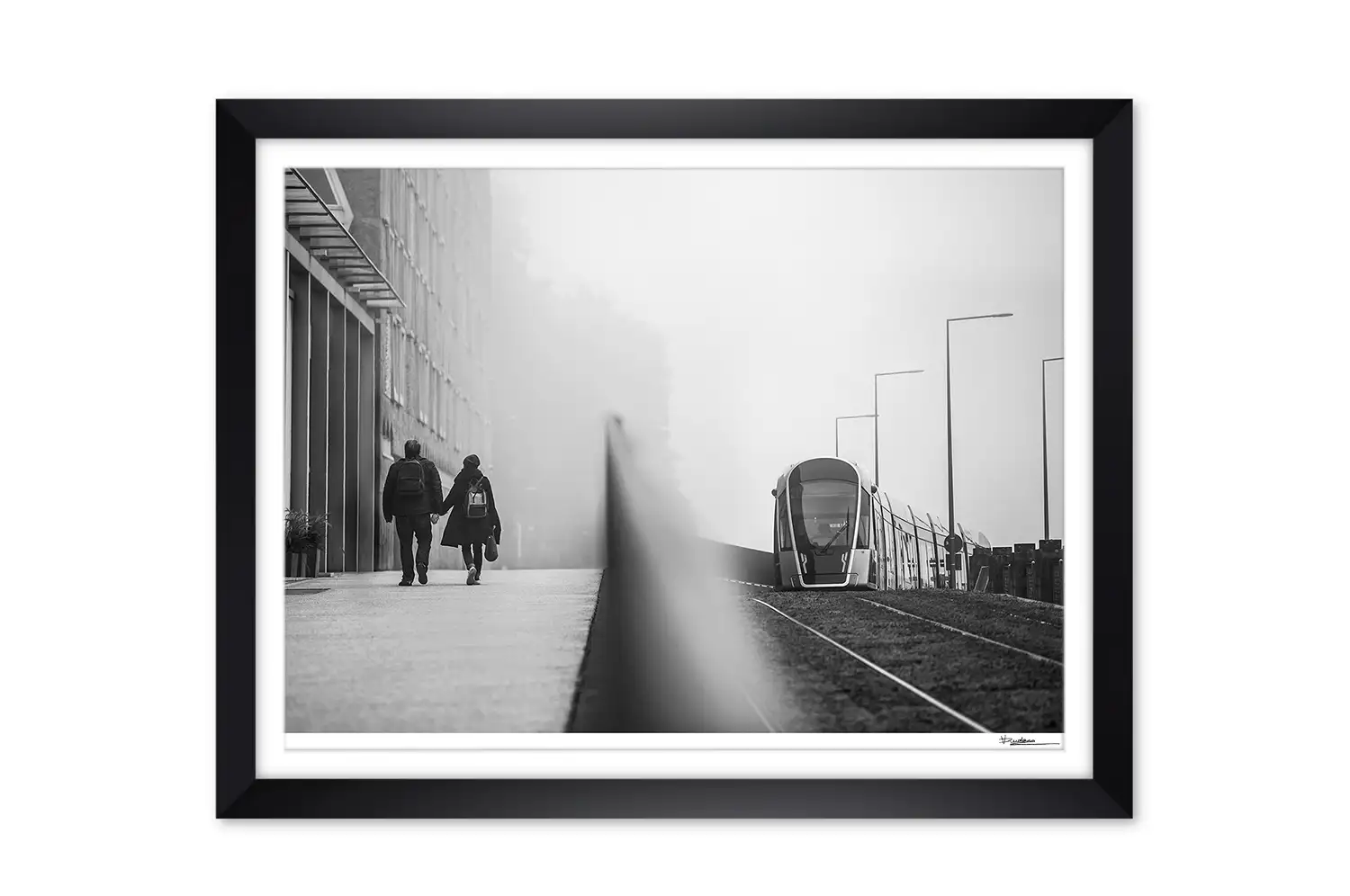 Street photography Luxembourg city foggy tram black and white