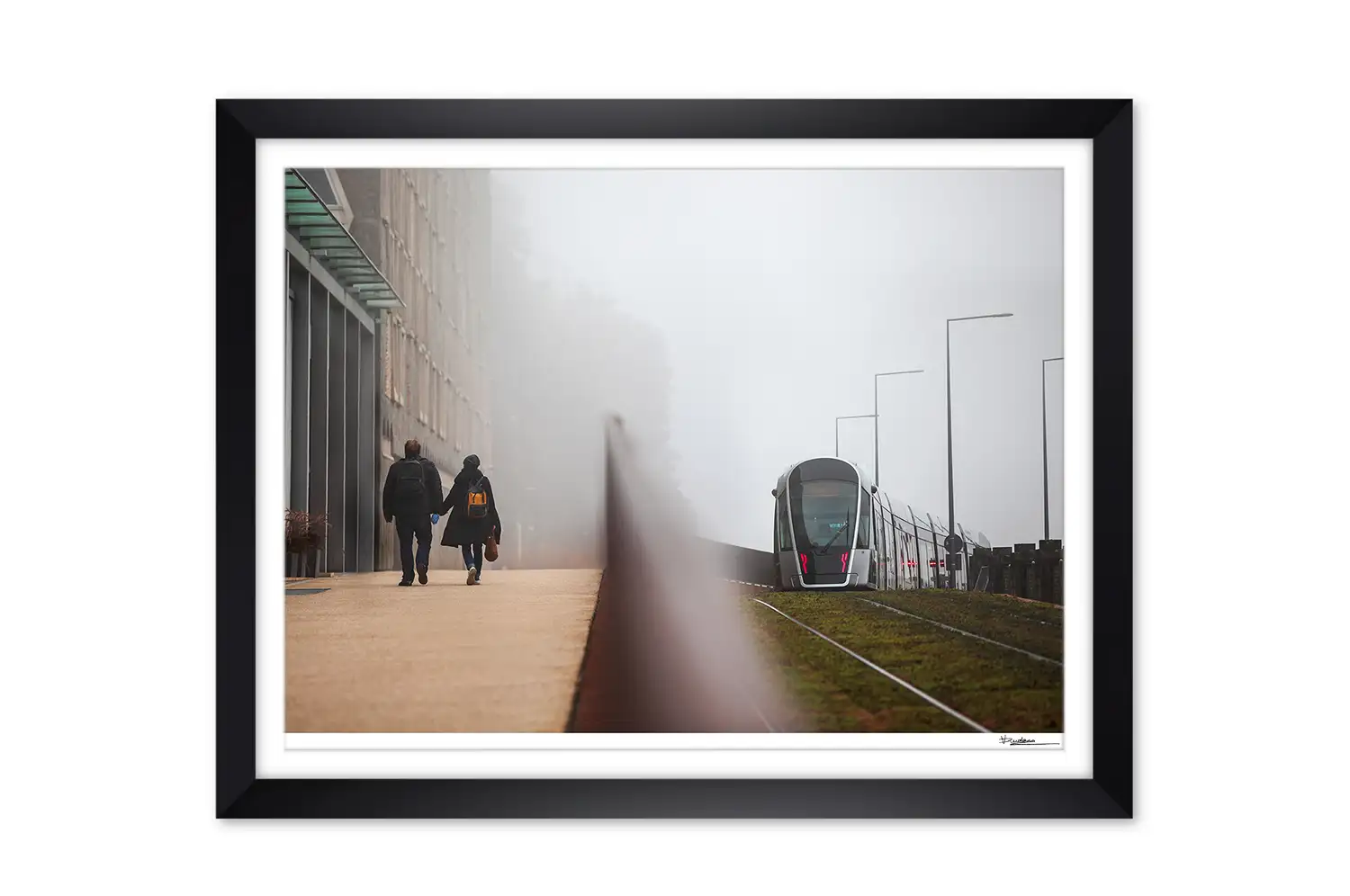 Street photography Luxembourg city foggy tram print
