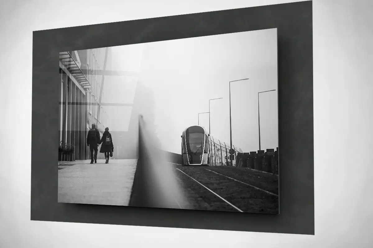 Street photography Luxembourg city foggy tram black and white