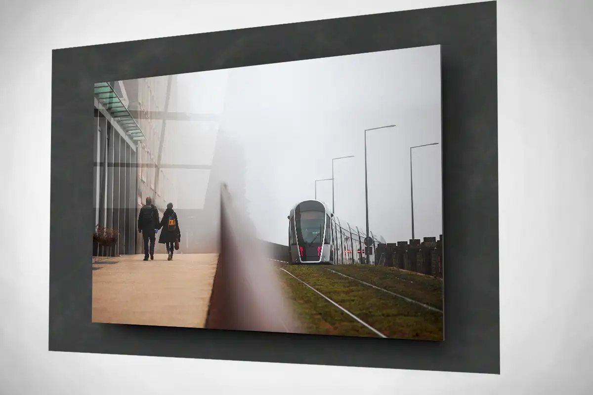 Street photography Luxembourg city foggy tram floating acrylic print