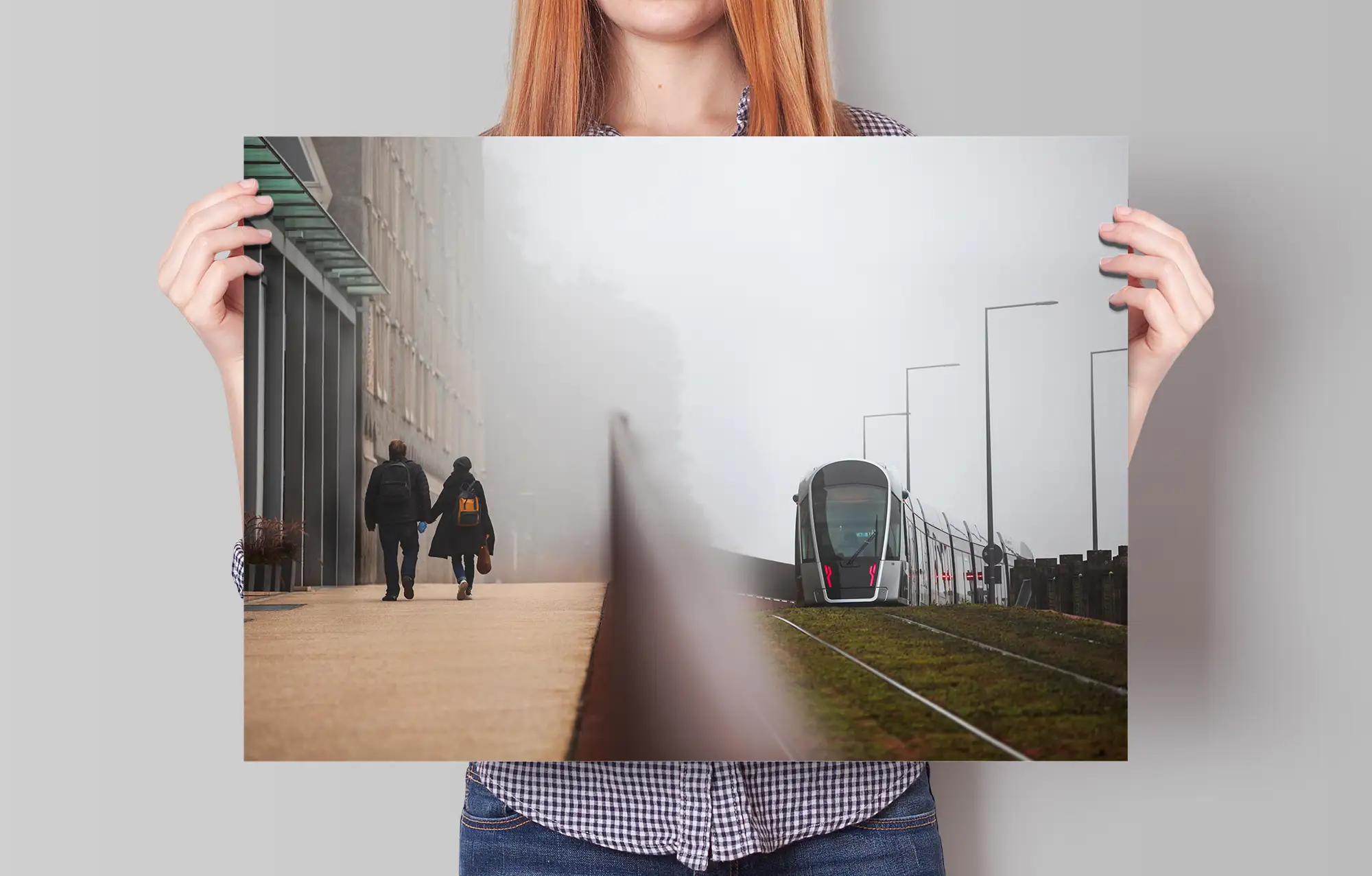 Street photography Luxembourg city foggy tram poster