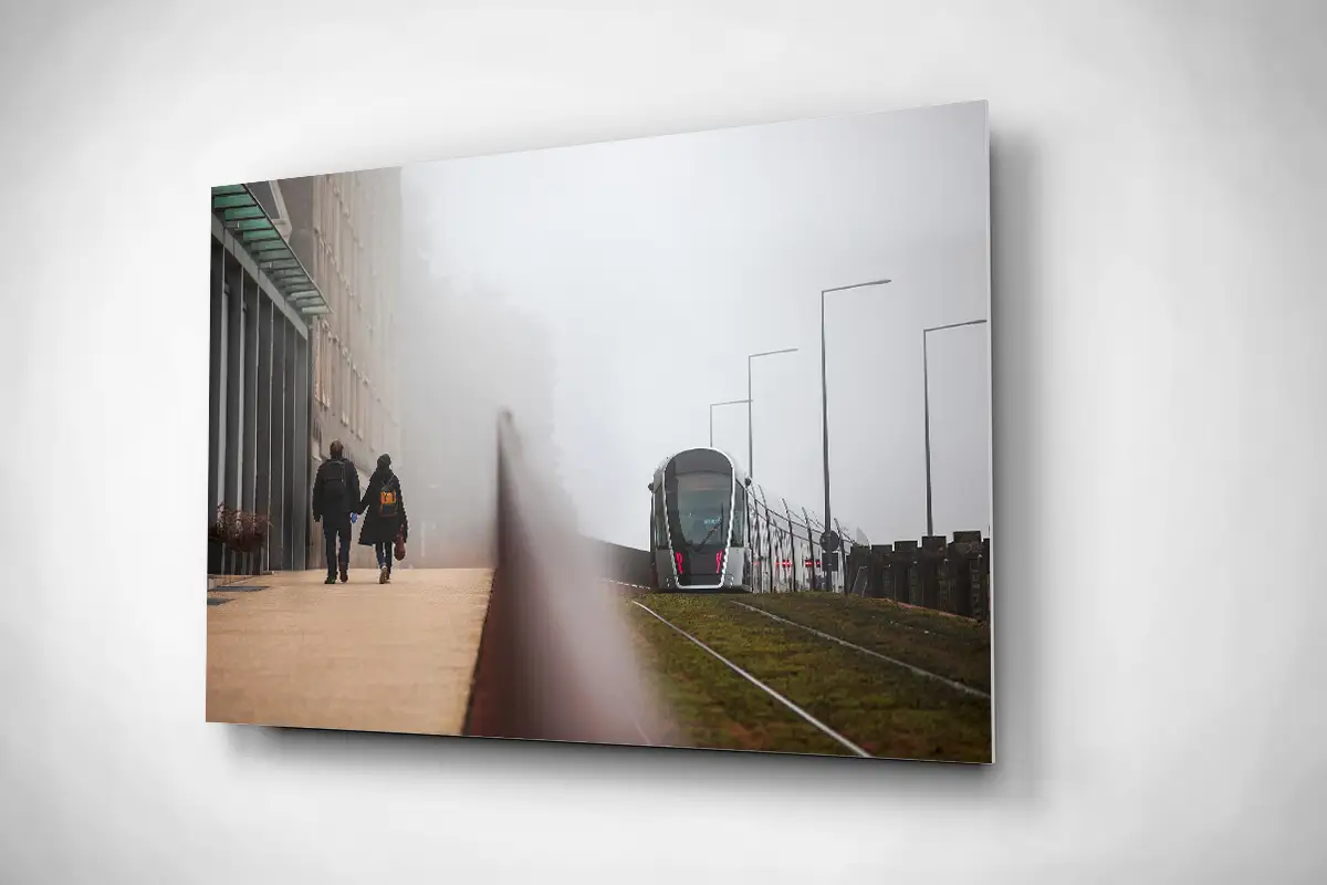 Street photography Luxembourg city foggy tram rigid poster