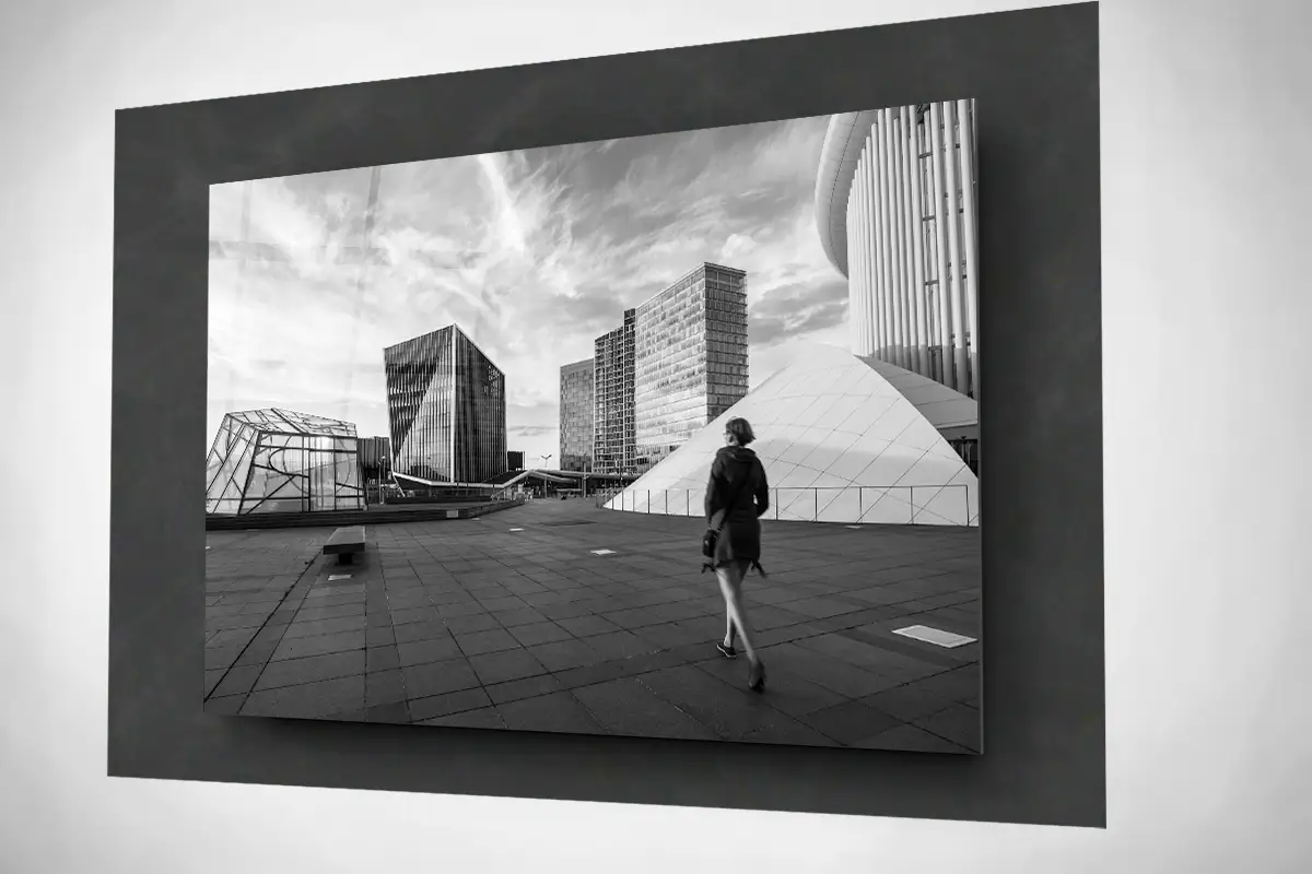 European Kirchberg in Luxembourg city black and white floating acrylic