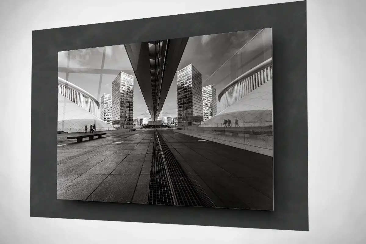 Business Kirchberg in Luxembourg city floating acrylic black and white